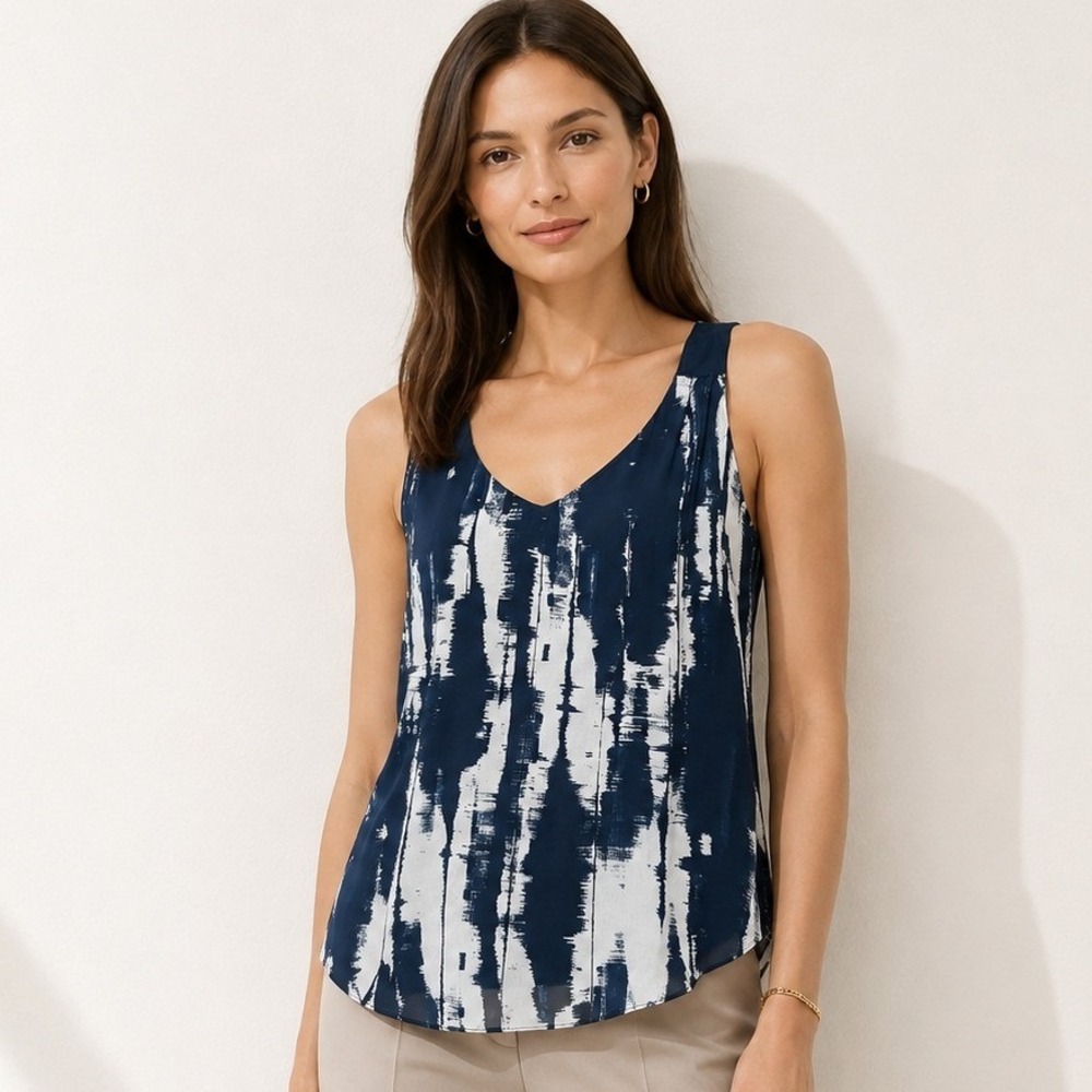 I By Iris Setlakwe Womens Abstract Print Sleeveless Blouse Navy White Size 8